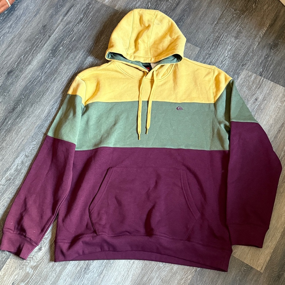 Quicksilver Yellow Green Burgundy Colorblock Hooded Sweatshirt Size XL